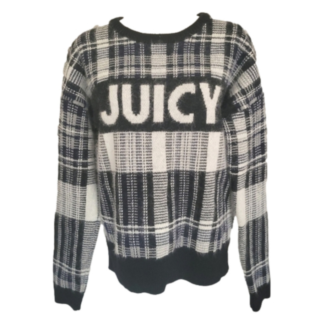 Juicy Couture Y2k Wool Rabbit Hair Plaid Logo Spell Out Mohair Sweater Size XL